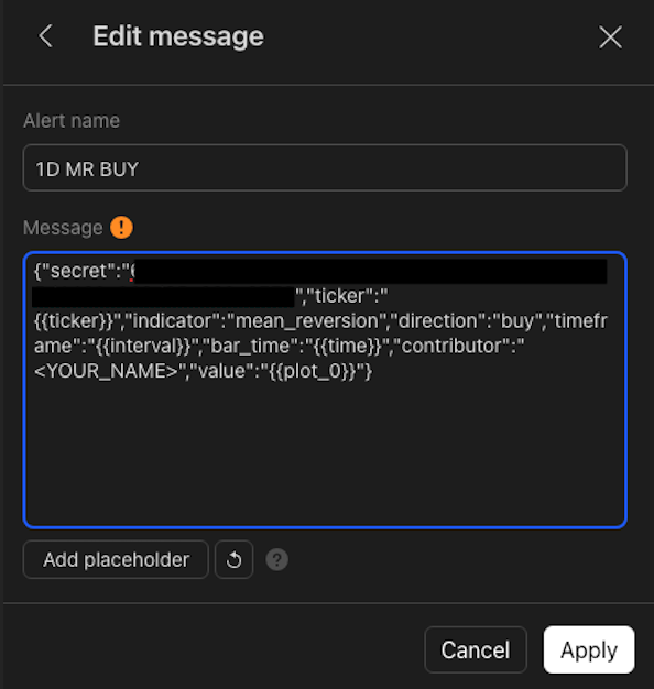 TradingView Edit message panel with the JSON template pasted into the Message field — secret redacted