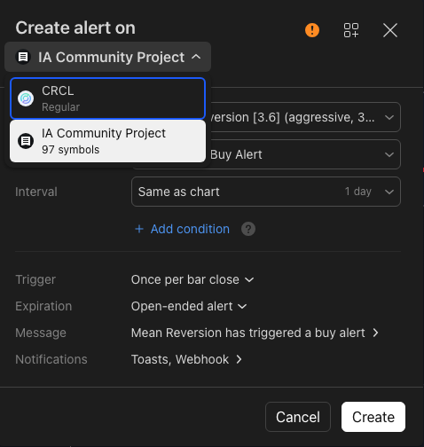 TradingView alert dialog with the symbol-scope dropdown expanded, showing the option to switch from a single symbol to the IA Community Project watchlist with 97 symbols