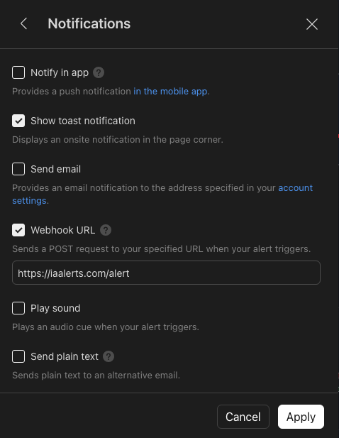 TradingView Notifications panel with Webhook URL checkbox ticked and the iaalerts.com/alert URL pasted in the field